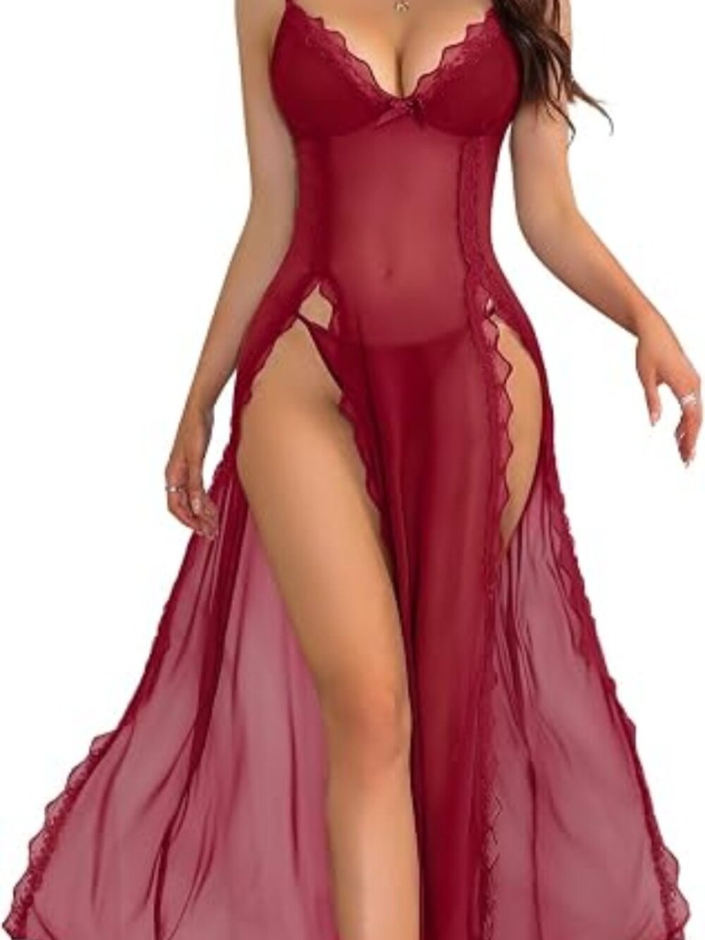 Sexy Lingerie Dress Night Gowns with Thong 2 Pcs Color Wine Red S/M
